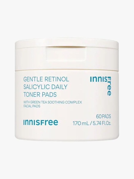 Innisfree Gentle Retinol Salicylic Daily Toner Pads in branded tub component on a light gray background